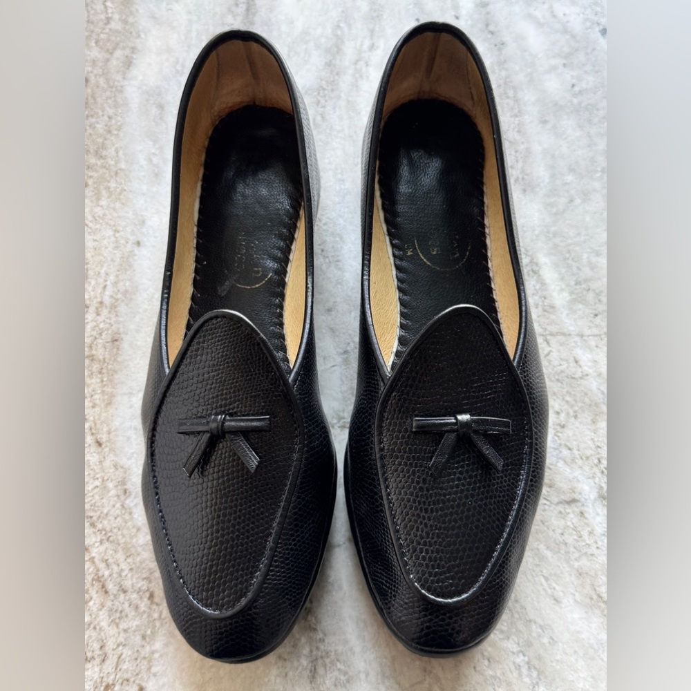Belgian Shoes Midinette Slippers Black Lizard Leather Loafers 5.5 Flats Bow